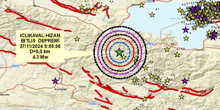 EvsenAdnan's tweet photo. #İçlikaval, #Hizan, #Bitli'te #Kavakbaşı #Ilıcaköy Segmentinin 50 km doğusunda 6 dakika arayla 4,3 Mw büyüklüğünde ikiz deprem olmuştur. #Deprem odak noktasının güneydoğusunda 1995-2024 arasında 4 Mw mertebesinde deprem kümelenmesi görülmekte olup bu büyüklükler normaldır. https://t.co/B0kls05ssC