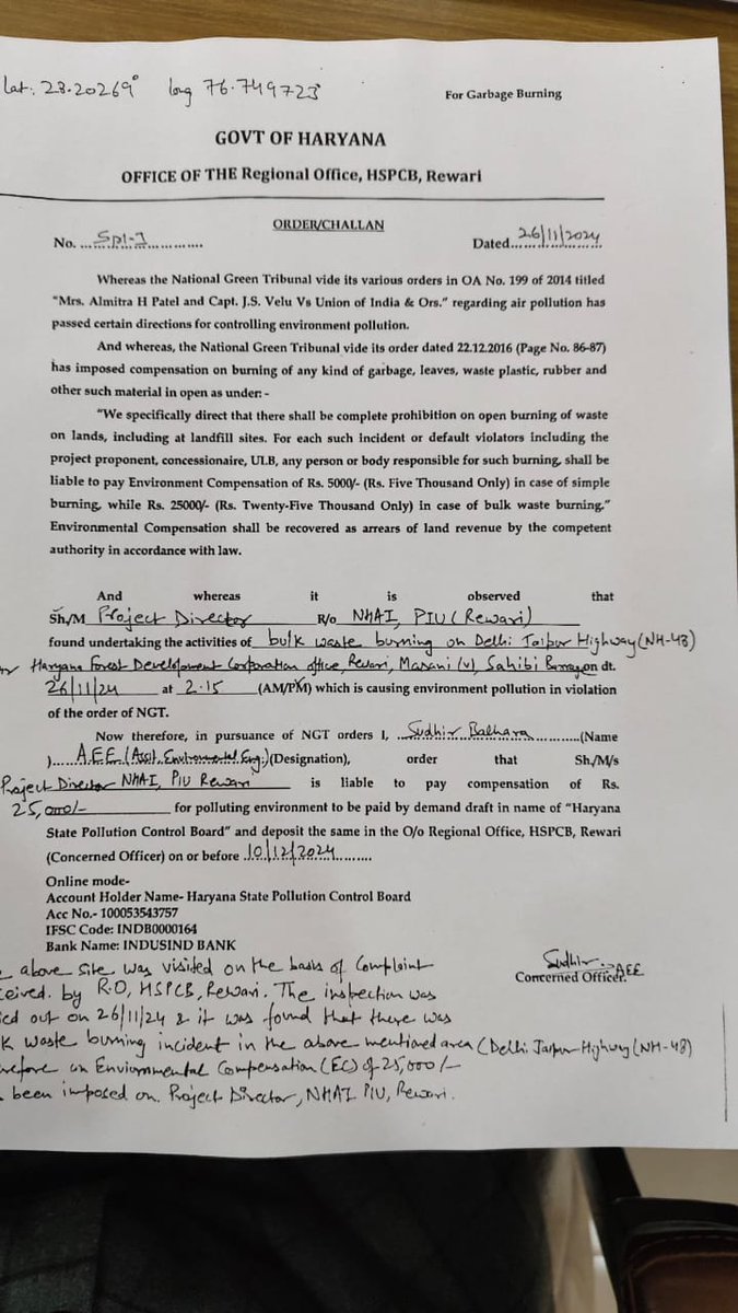 NHAI Rewari challaned Rs 25000 for waste burning on Road.