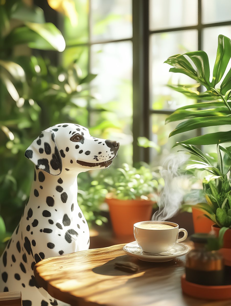 TYZU's tweet image. Coffee with a Spotty Friend
Just me and my best friend enjoying coffee in our plant paradise. Who says dogs can’t have a ‘pawsitive’ brew? What's the perfect blend? ☕️ ‘Life is a brew-tiful adventure!’ #coffee