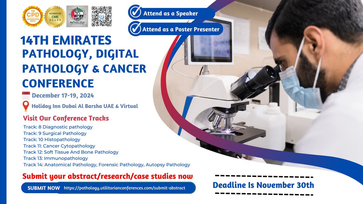 Pathology Experts (@pathologyexper1) on Twitter photo Join us and share your experiences at the 14th Emirates Pathology, Digital Pathology & Cancer Conference from December 17-19, 2024 in Dubai, UAE & Virtual.
Submit here: pathology.utilitarianconferences.com/submit-abstract
#Diagnosticpathology #SurgicalPathology #Histopathology #CancerCytopathology #Tissue Join us and share your experiences at the 14th Emirates Pathology, Digital Pathology & Cancer Conference from December 17-19, 2024 in Dubai, UAE & Virtual.
Submit here: pathology.utilitarianconferences.com/submit-abstract
#Diagnosticpathology #SurgicalPathology #Histopathology #CancerCytopathology #Tissue