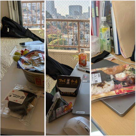 Ramen and fruit salad, Kara age and plum onigiri from Family Mart, and a bento with ocha🍜🥗🍱 🫖

While the pros in my office went for that, I had miso soup, coffee jelly, and a banana.😋

Are you having a quirky lunch today?

#onigiri #sophiacommunications #lunch #intern #tokyo