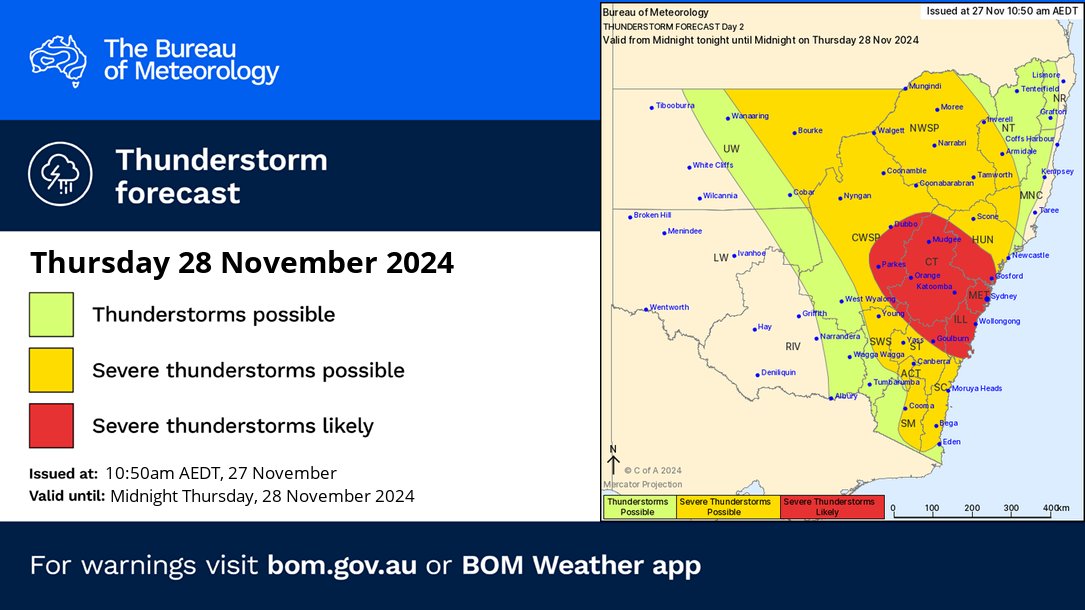 BOM_NSW's tweet photo. #Thunderstorm activity shifts eastward in #NSW on Thursday (28/11), clearing from the far west. #SevereThunderstorms are possible across most of the east and are likely around central districts including around the Sydney area. 

Warnings: https://t.co/Ss766eSCrL https://t.co/zW4SBqveYM