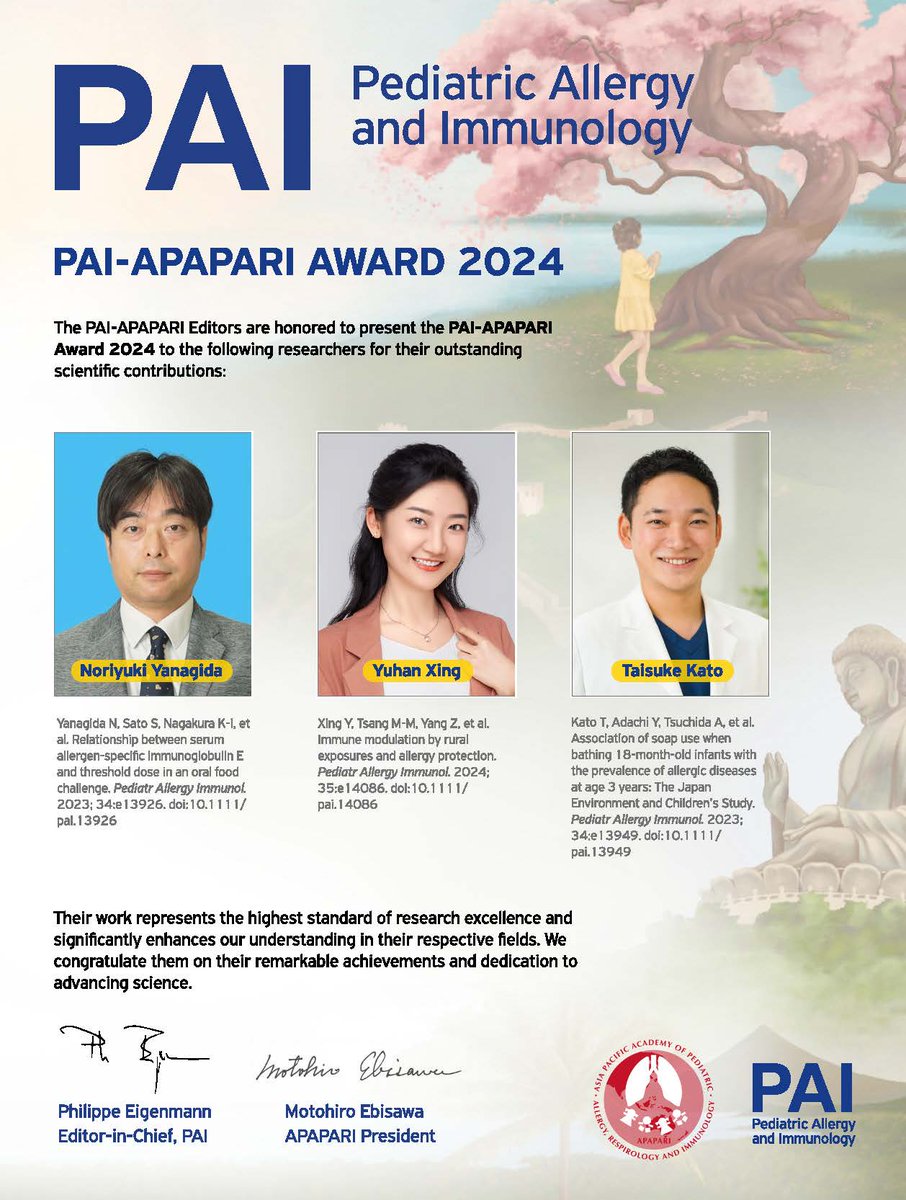 pai_eaaci's tweet photo. The #PAI-APAPARI Award 2024 was presented during the #APAPARI Congress to:
#Noriyuki Yanagida
#Yuhan Xing
#Taisuke Kato
by #Philippe Eigenmann, Editor in Chief of #PAI_Journal and #Motohiro Ebisawa, APAPARI President.
We congratulate them on their remarkable achievements! https://t.co/qvtJUdiSoA
