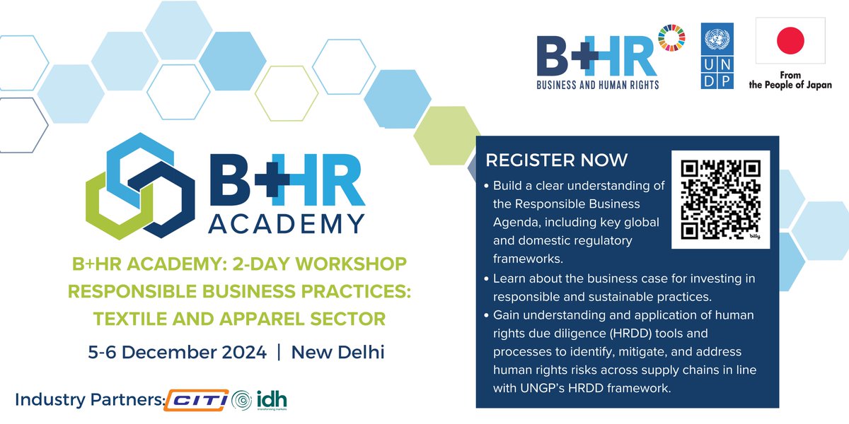 UNDP India (@undp_india) on Twitter photo 📢 B+HR Academy
As part of its #BizHumanRights project, <a href="/UNDP_India/">UNDP India</a> w/ <a href="/CITIindia_com/">CITIINDIA.COM</a> & <a href="/IDHTrade/">IDH</a> are hosting a 2-day workshop on 'Responsible Business Practices' for the Textile & Apparel sector.🥻👕👖
🗓️: 5 & 6 Dec
⏰: 10:00 AM
📍: Aerocity
RSVP: bit.ly/3ZpJHle 📢 B+HR Academy
As part of its #BizHumanRights project, <a href="/UNDP_India/">UNDP India</a> w/ <a href="/CITIindia_com/">CITIINDIA.COM</a> & <a href="/IDHTrade/">IDH</a> are hosting a 2-day workshop on 'Responsible Business Practices' for the Textile & Apparel sector.🥻👕👖
🗓️: 5 & 6 Dec
⏰: 10:00 AM
📍: Aerocity
RSVP: bit.ly/3ZpJHle