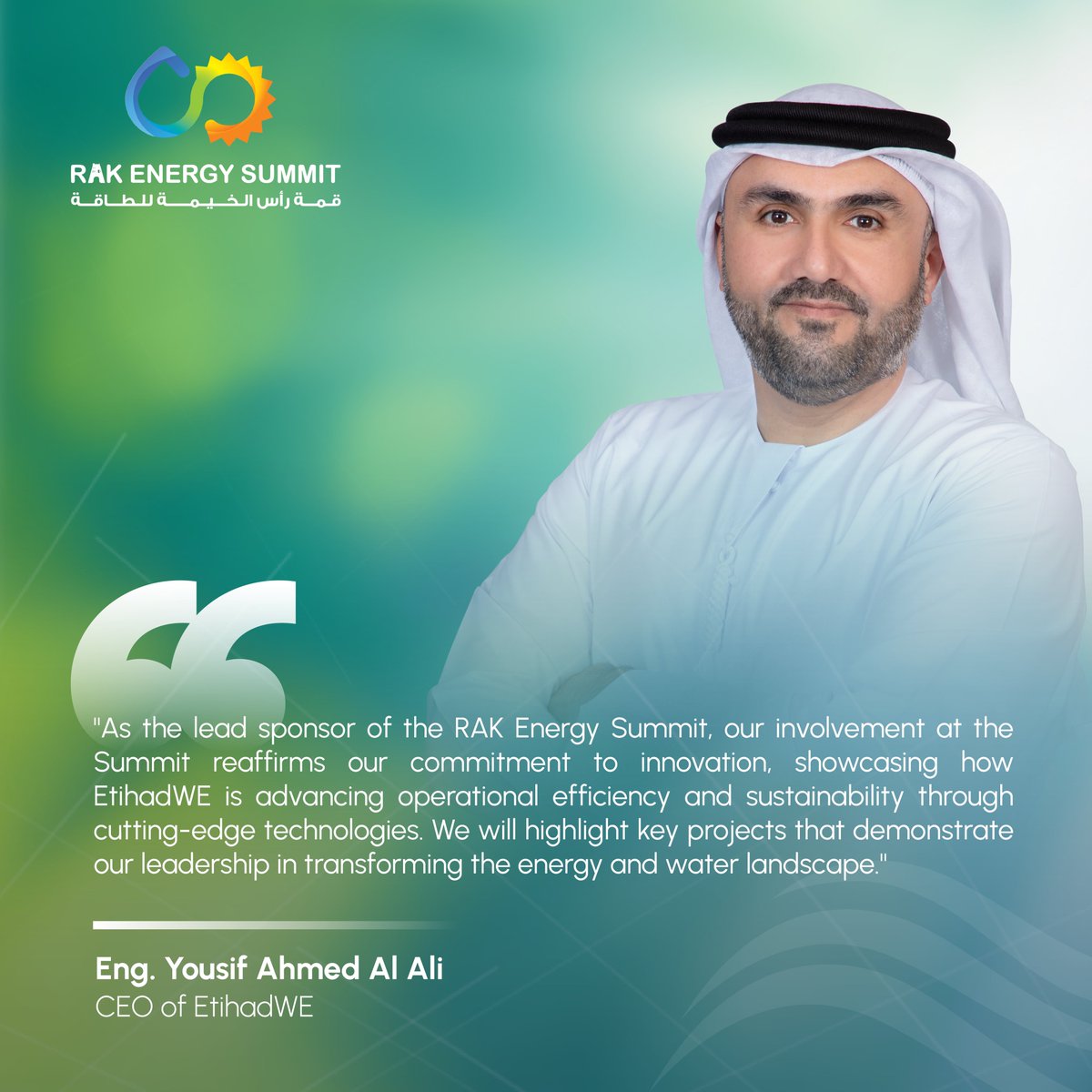 EtihadWE's tweet photo. Eng. Yousif Ahmed Al Ali, CEO of EtihadWE, explains the importance of the RAK Energy Summit 2024, stressing the role of EtihadWE in building a world that is aware of the importance of preserving the environment and depends entirely on clean and sustainable energy.

#EtihadWE
#RakEnergySummit