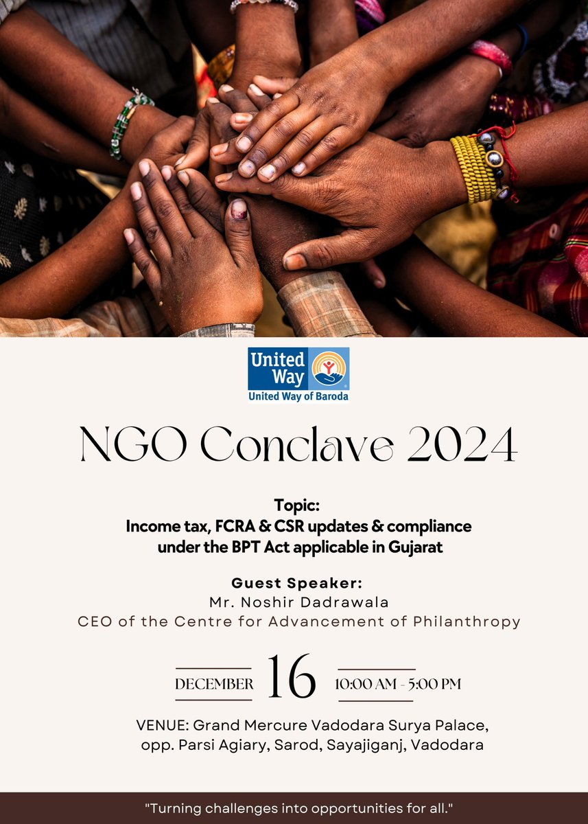 🌟 Mark Your Calendars for NGO Conclave 2024! 🌟

United Way of Baroda proudly presents an exclusive event designed to empower NGOs with essential updates and compliance guidance.
📌 To register, contact: 8849741236
📧 Email us at: admin@unitedwayofbaroda.org

#NGOConclave2024