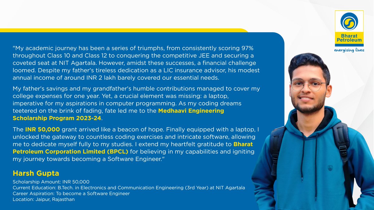 Buddy4Study's tweet image. Despite financial hurdles, Harsh Gupta from Jaipur is excelling in his BTech at NIT Agartala. The Medhaavi Engineering Scholarship 2023-24 provided him with a laptop and financial support, essential for his coding aspirations.  

#ScholarshipSuccess #EngineeringDreams…