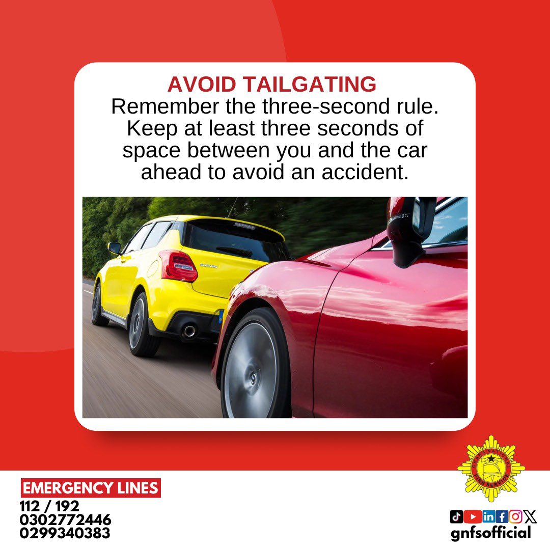 gnfsofficial's tweet photo. #PREVENTION
Let us all work together to end this menace by following the 3-second rule and maintaining a safe distance between our byvehicle and the one ahead to prevent road crashes.
NOW YOU KNOW 🤔
ADHERE AND BE SAFE.
#gnfseducates #avoidtailgating https://t.co/BRYQfYrmaC