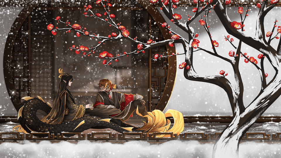 gokigold's tweet image. For the first snowfall of the year (at least where I'm at).
Here is Zhongli and Childe having tea in the midst of a snowfall.
#Zhongchi