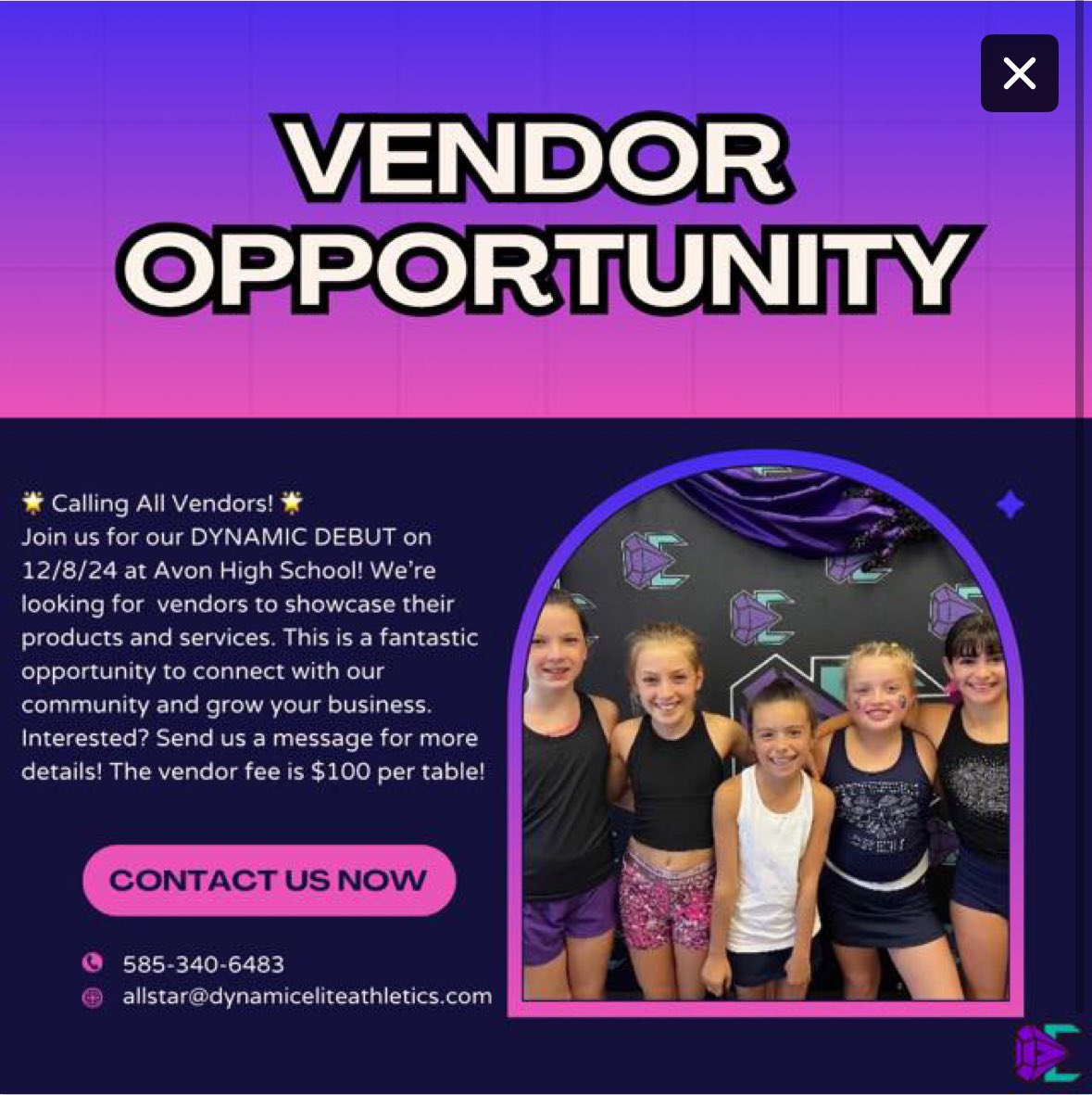 🌟 Vendors Wanted! 

Join us at the Dynamic Debut on December 8th at Avon High School! Secure your spot for just $100 and showcase your business to our amazing community. Don’t miss this opportunity! DM us for more details. #VendorCall #DynamicDebut #AvonEvents