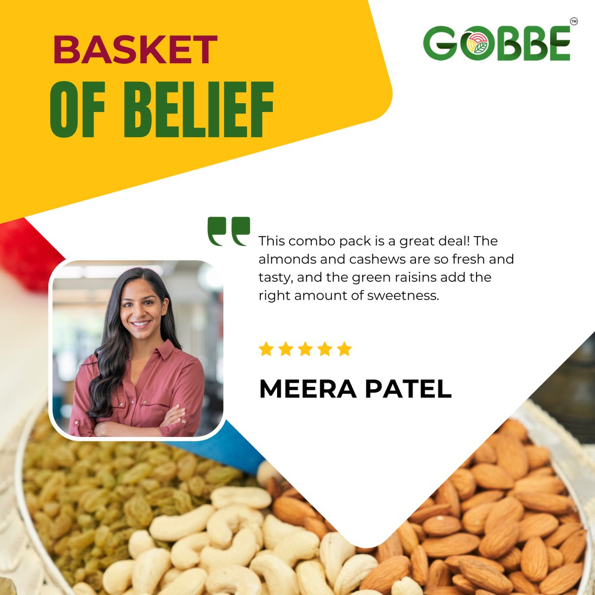 GobbeIndia's tweet photo. It seems Meera is quite satisfied with the combo packs she bought from Gobbe. Check out what she is saying...

#gobbe #testimonial #combopacks #clientfeedback #clientsatisfaction #nuts #almonds #raisin https://t.co/VTpE9PsR9K