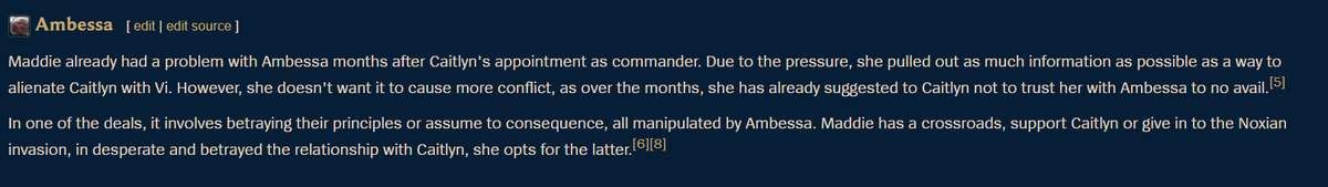 不是，League of Legends Universe wiki这写的是真的吗？合着Maddie一开始真的是凯特琳的人只是中间被安蓓萨策反了？然后凯特琳和蔚重新在一起最终让她决定背叛了？我服了有那个时间写男同贴贴没时间写点配角的角色动机是吧，我骂死编剧呢