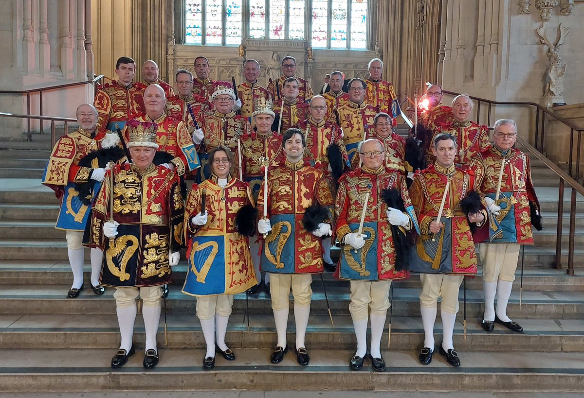TheHeraldrySoc's tweet photo. Officers of Arms from the Court of the Lord Lyon and the College of Arms. Can you spot who’s missing? https://t.co/Dm1OjN6XtL