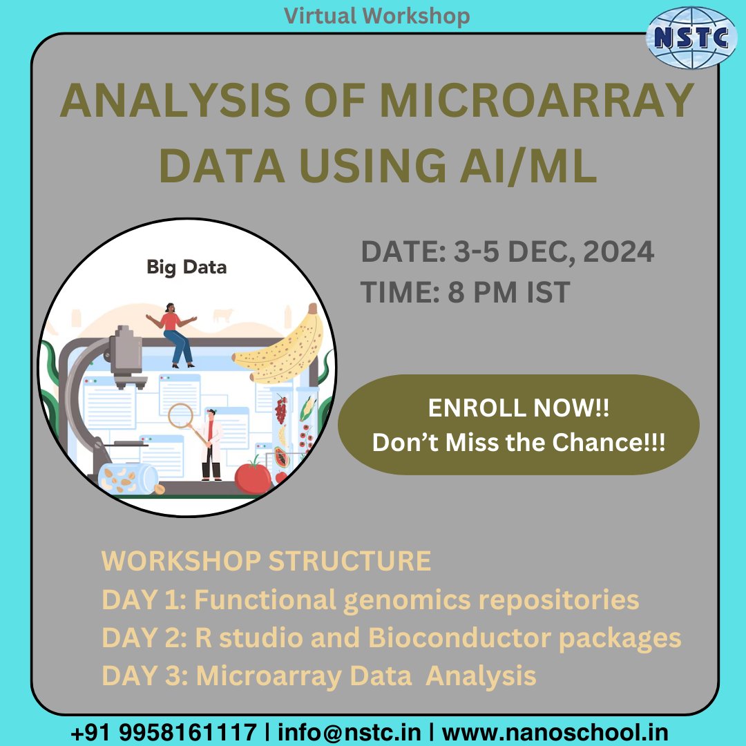 ITBreakCom's tweet image. 🔬✨ Explore the Power of Microarray Data with ML/AI!
📅 Date: 3-5 Dec 2024
⏰ Time: 8 PM IST
💻 Mode: Online
Register Now: nanoschool.in/enroll-me/?pid…
Know More: nanoschool.in/biotechnology/…
#MicroarrayData #AIinBioinformatics