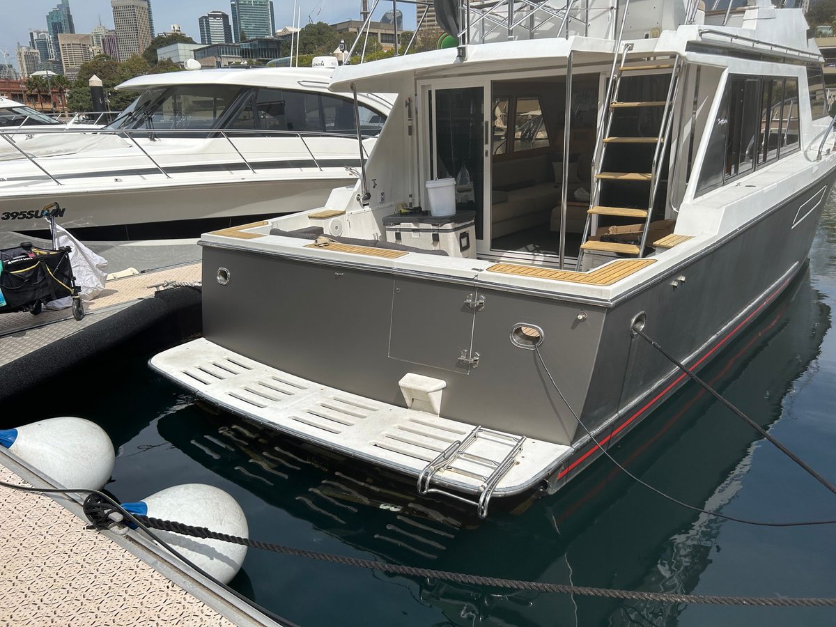 astech83's tweet image. Transom wrapped in 3M Matte Grey Aluminium for this Ocean Alexander.

#InnovativeWraps #3MVinyl #ExteriorBoatWrap #VinylWrap