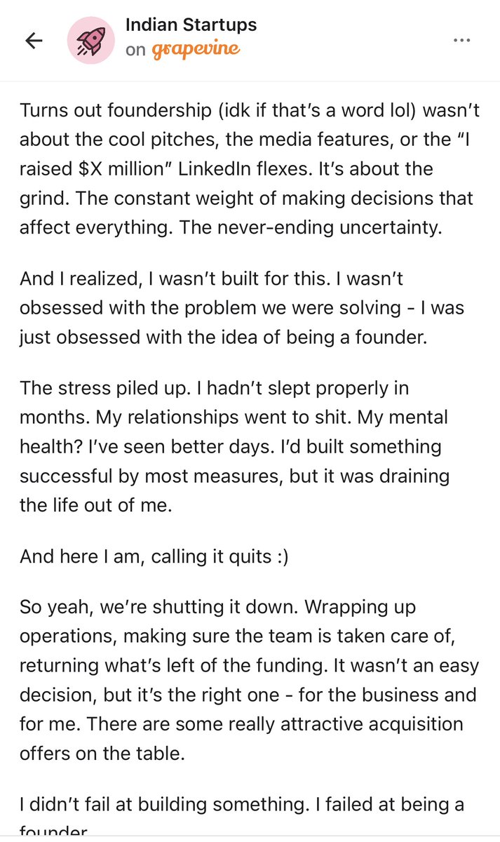 OnTheGrapevine's tweet photo. Left a 50L+ job. Raised$2M. Built something profitable. Shutting it down now. 

A founder shared their story on Grapevine 
The kind of  stories that need sharing ❤️ https://t.co/Gf2dxF8i0W