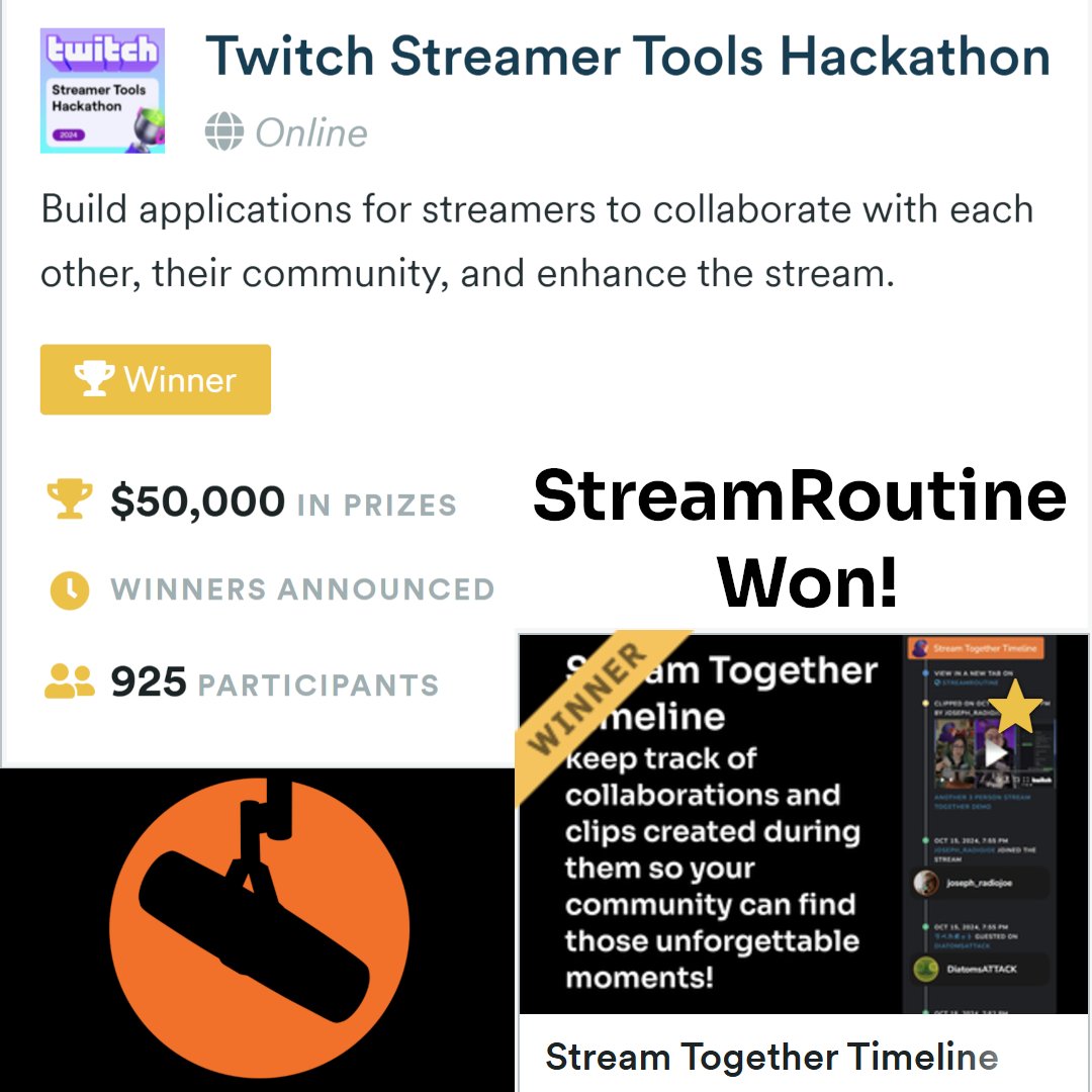 StreamRoutine's tweet image. StreamRoutine won in the Streamer-to-Streamer category of the Twitch Hackathon! The winning extension we built is called Stream Together Timeline, go check it out! StreamRoutine is making all new accounts free for 45 days to celebrate!