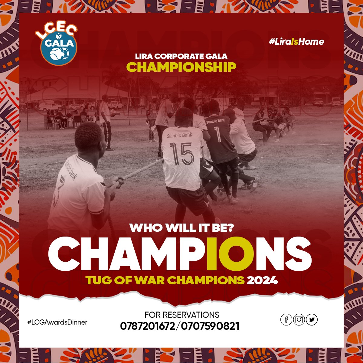 Who will it be?

The Tug of War Champions at Lira Corporate Gala's Awards Dinner 2024!

Join us on Dec 13th at Lira City Gardens to celebrate strength, strategy, and teamwork!

#LCGAwardsDinner
#TugOfWarChampions
#LiraIsHome