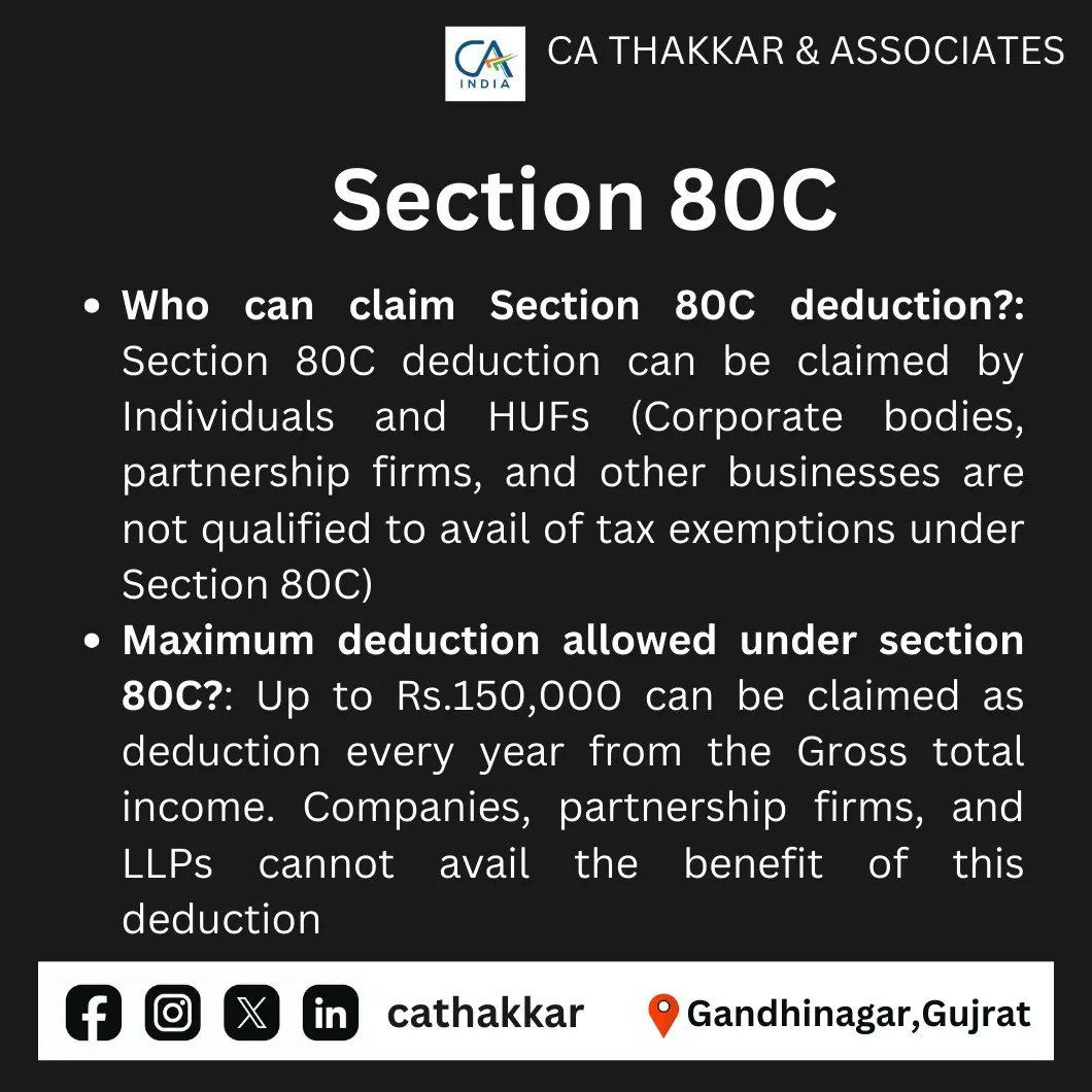 cathakkarr's tweet image. Maximize your savings with Section 80C! Invest smartly and reduce your taxable income while securing your future. There are plenty of options to explore.  
 #TaxSavings #Section80C #FinancialPlanning #SmartInvesting #TaxRelief #caingandhinagar #gandhinagar #incometax #deduction