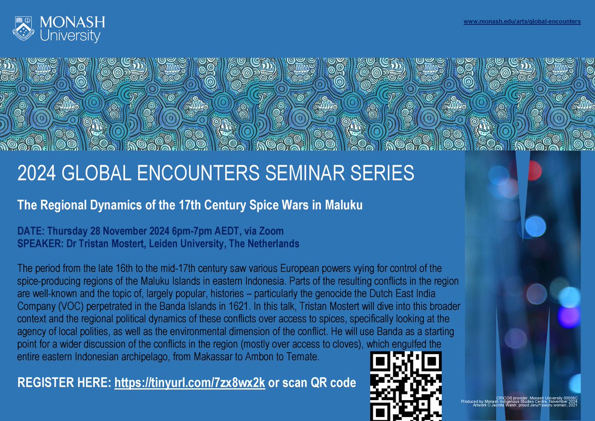 Join us tomorrow Thursday 28 November at 6pm AEDT for our last online seminar of 2024, where @TristanMostert from <a href="/UniLeiden/">Universiteit Leiden</a> will discuss 'The Regional Dynamics of the 17th Century Spice Wars in Maluku'.

Register here:  tinyurl.com/7zx8wx2k