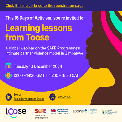 UKinZimbabwe's tweet photo. Gender-based violence is preventable. 

Join this webinar to understand more about the #Toose approach which is empowering couples to promote safety and family wellbeing #16DaysOfActivism.

Register here: https://t.co/XxS7xyq0KC https://t.co/V7KzD40Pdg