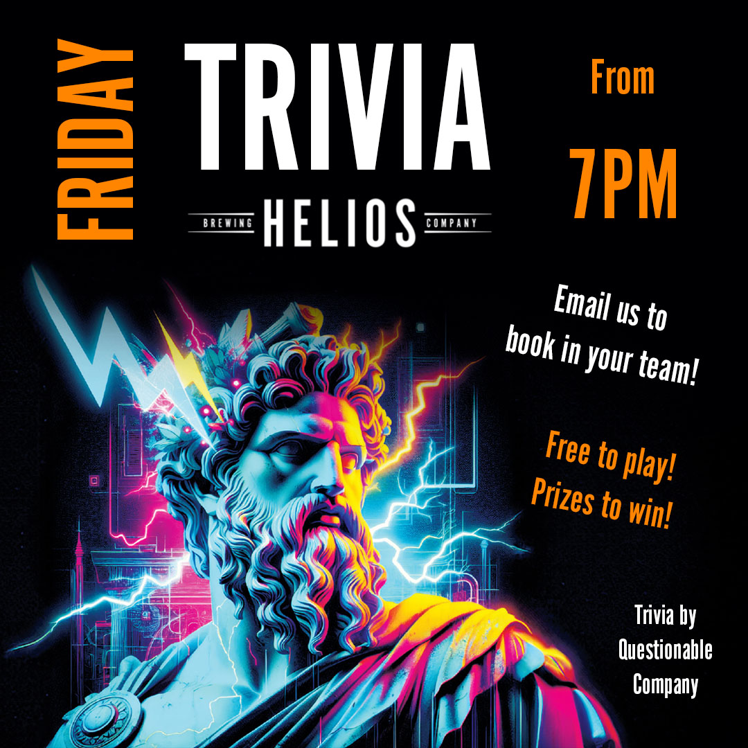 Helios Brewing Co (@heliosbrewing) on Twitter photo Get set for our next Friday trivia, which is on...this Friday. Obviously. 😆 It kicks off from 7pm, so get your team booked in by emailing venue@heliosbrewing.com.au - maybe you'll even take home a prize! 🍻 #brisbane #craftbeer #trivia Get set for our next Friday trivia, which is on...this Friday. Obviously. 😆 It kicks off from 7pm, so get your team booked in by emailing venue@heliosbrewing.com.au - maybe you'll even take home a prize! 🍻 #brisbane #craftbeer #trivia