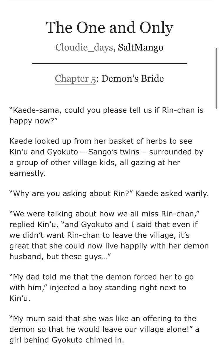 -The One and Only-
With <a href="/SaltMango1/">SaltMango</a> 

Chapter 5 - also the final chapter of this story - is now online: archiveofourown.org/works/60607294…

And it’s time to say goodbye! 🥹💕

For #RinWeek2024 Day 5
Day 5’s prompt: Demon’s Bride 

#MeloncitaWeek2024 🍈
#Rin #SessRin #りん #殺りん