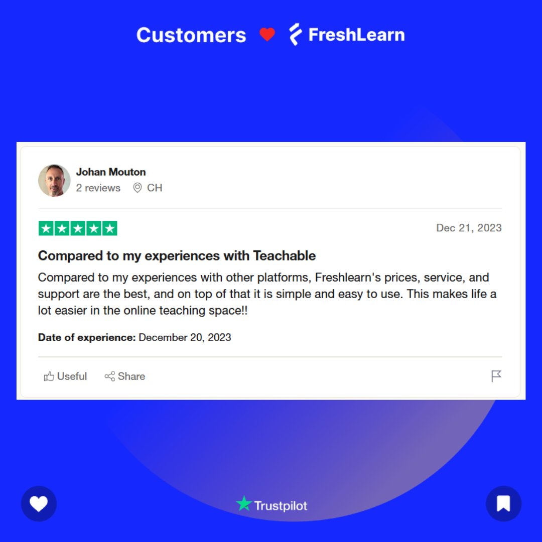 FreshLearnHQ's tweet image. Why settle for less? 🤔

Johan Mouton says:
&quot;FreshLearn’s pricing, support, and ease of use are unmatched! It simplifies online teaching like no other.&quot; 🌟
Switch to FreshLearn and transform your teaching journey today! 🚀
🔗 freshlearn.com

#FreshLearn #CustomerReview