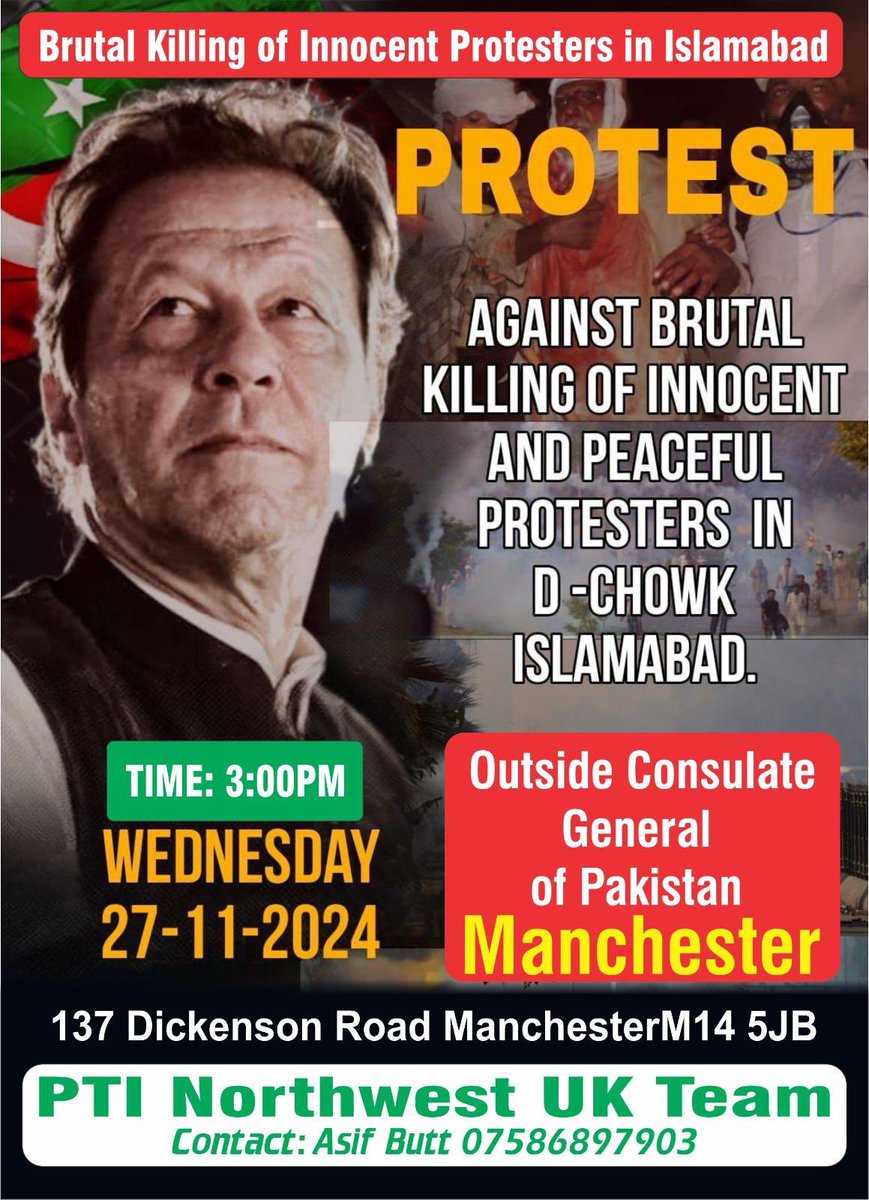 MehakMacMax's tweet photo. Manchester Protest against brutal killing of innocent and peaceful protesters D-Chowk
Location 137 dickenson road Consulate General of pakistan manchester
Wednesday 3:00 PM
@AsifButtPTI
#ManchesterProtest https://t.co/HpBrEavbHB