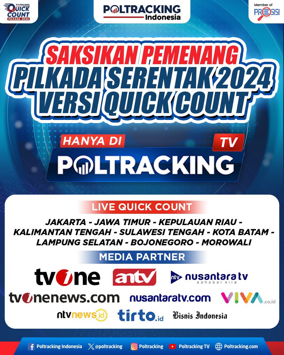 SAKSIKAN PEMENANG PILKADA SERENTAK 2024 VERSI QUICK COUNT HANYA DI POLTRACKING TV

Link: youtube.com/live/Sq4--xTdM…

#poltracking