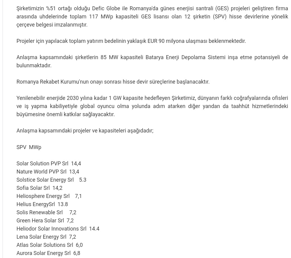 #YEOTK Yeo Teknoloji, Romanya'da uhdelerinde toplam 117 MWp kapasiteli GES lisansı olan 12 şirketi (SPV) satın aldı