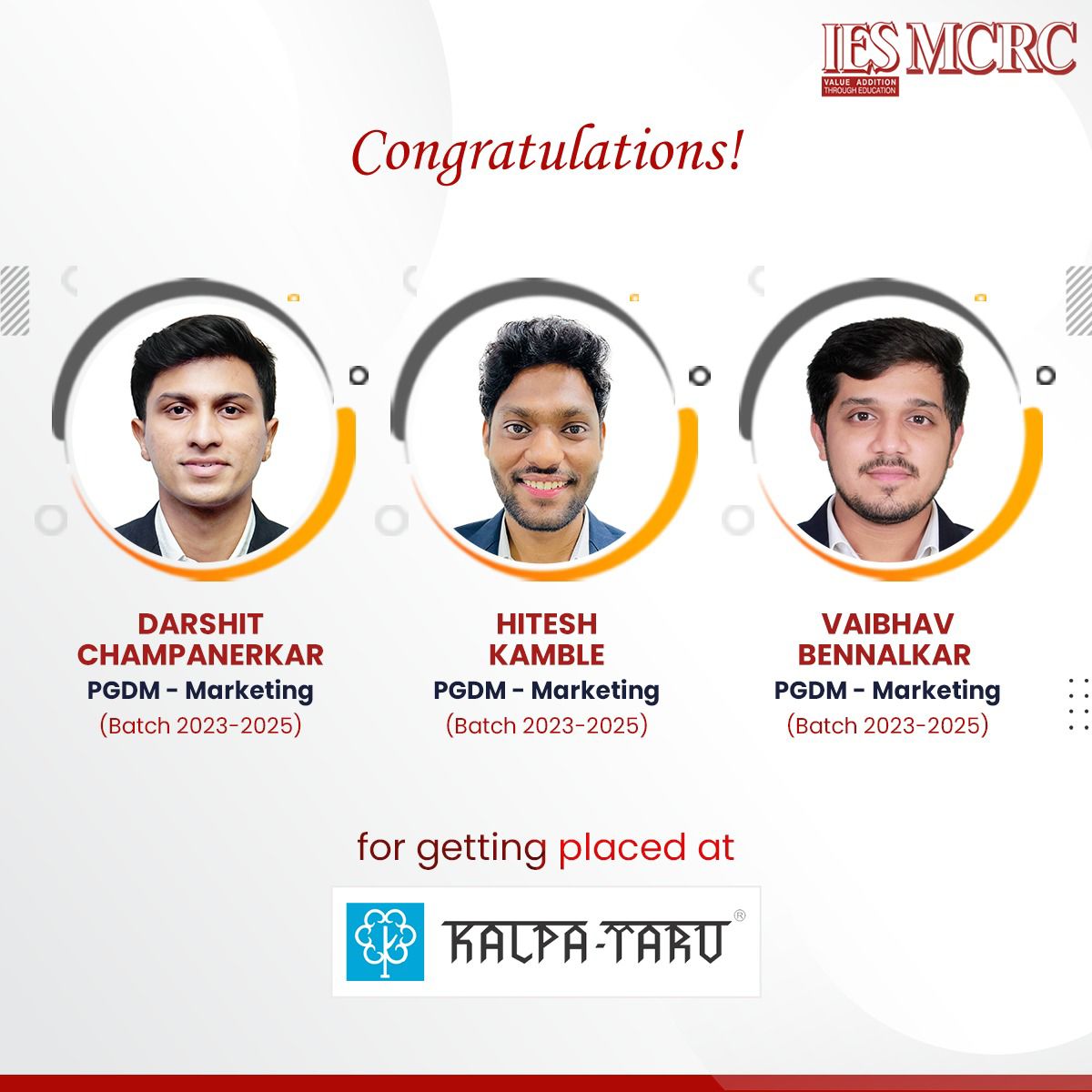 Heartiest congratulations for getting recruited through IES MCRC. All the best

#IESMCRC #Congratulations #Recruited #PlacementDrive #Mumbai