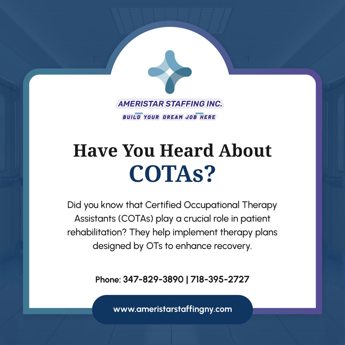 Ameristarstaffg's tweet image. COTAs are vital in the rehabilitation process. Their support significantly improves patient outcomes and engagement. Understanding their role can help you maximize therapy effectiveness!

#COTARole #OTSupport #PatientRecovery #COTAKnowledge #OccupationalTherapy