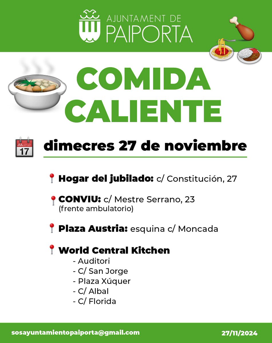 Ajunt_Paiporta's tweet photo. 🫕COMIDA CALIENTE🫕
Miércoles 27 de noviembre

📍Hogar del jubilado: Calle Constitució, 27
📍CONVIU: Calle Mestre Serrano, 23
📍 Plaza Austria (esquina C/ Moncada)

🫕World Central Kitchen:
📍Auditori
📍Calle San Jorge
📍Plaza Xúquer
📍Calle Albal
📍Calle Florida https://t.co/r0MpLGBWAX