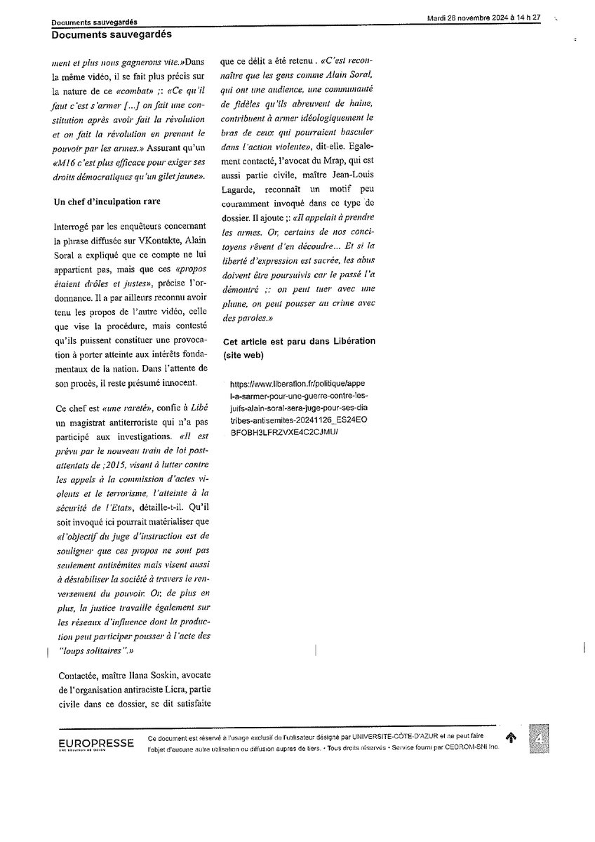 L' antisémite forcené Alain #Soral devra à nouveau répondre de ses propos devant la justice. Partie civile, le <a href="/MrapOfficiel/">MRAP</a> se félicite que des poursuites aient été engagées. Retrouvez dans cet article l’analyse de notre avocat, Maître Jean-Louis Lagarde.
liberation.fr/politique/appe…