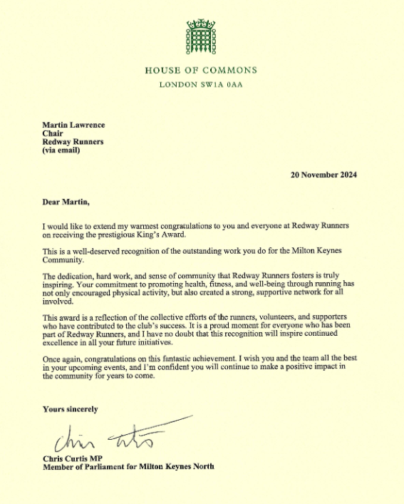 We have now received a letter of congratulations from Chris Curtis, MP for Milton Keynes North, as below