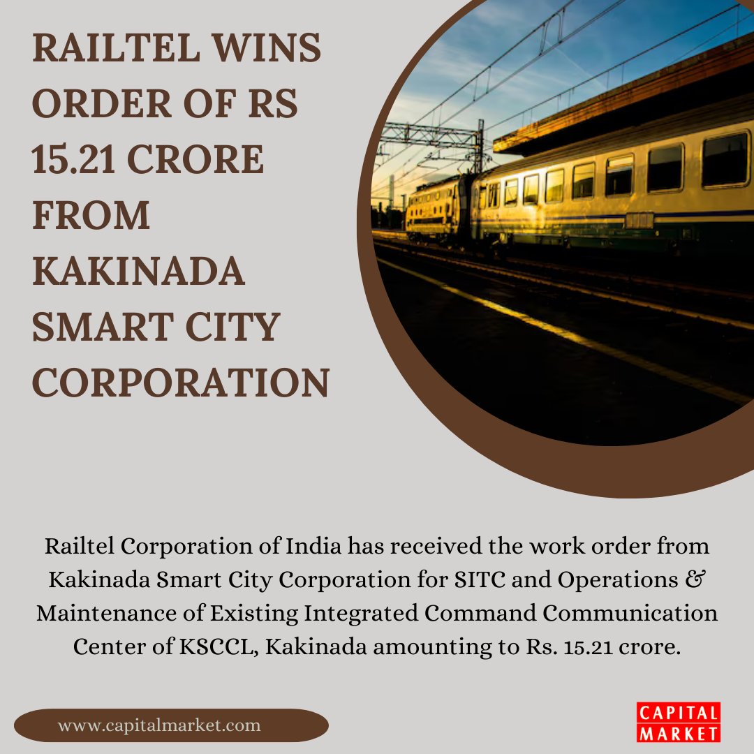 CapitalMarket17's tweet photo. RailTel Wins ₹15.21 Crore Order for Kakinada Smart City Command Center
Like | Share | Follow | Comment For Daily Updates.
https://t.co/YJjldO3hxV
#RailTel #SmartCity #Kakinada #IntegratedCommandCenter #TechnologyUpgrade https://t.co/aZPQ2l1WXV
