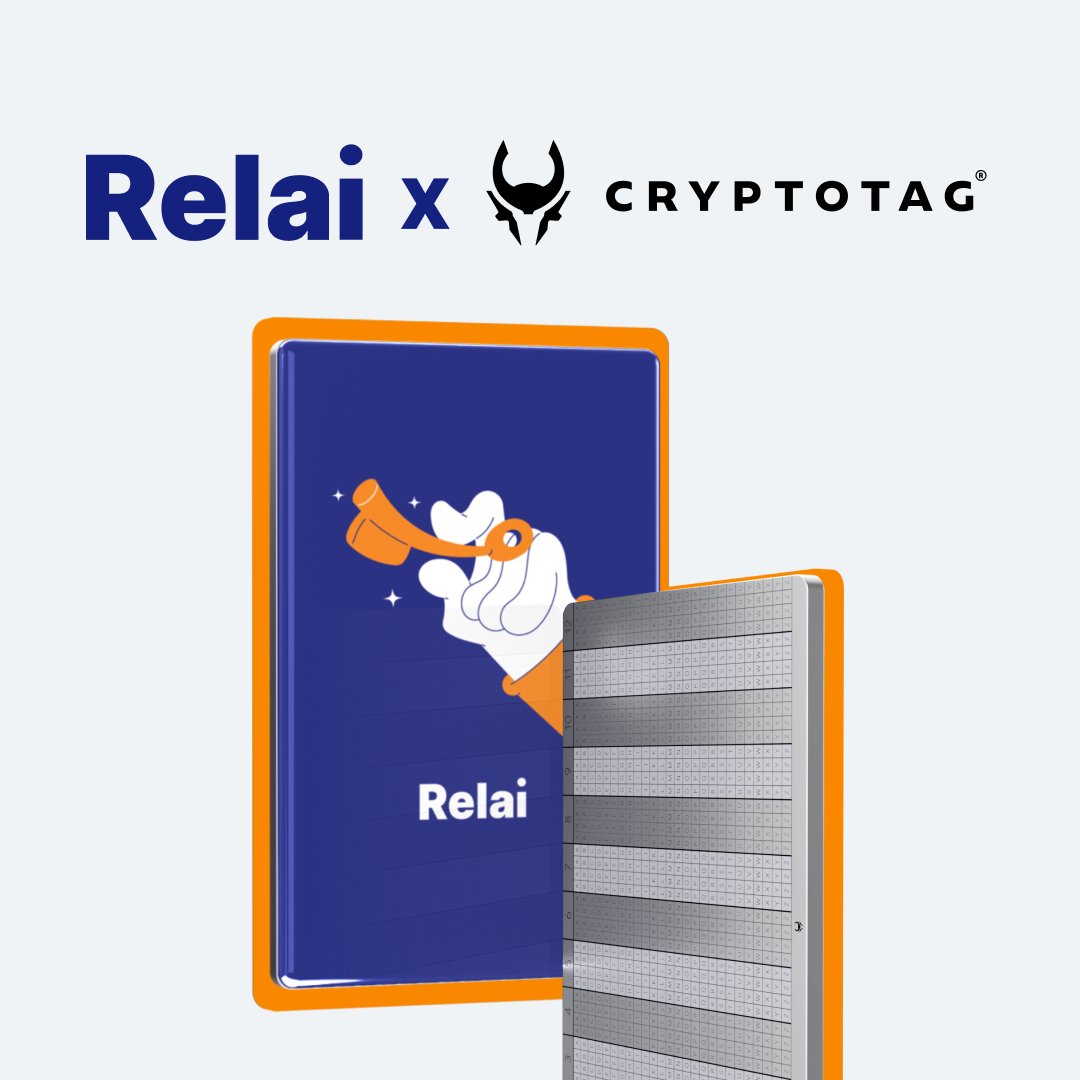 relai_app's tweet photo. We’re proud to officially partner up with @CRYPTO_TAG 🤝

That's why we're launching a new product together: a Relai branded steel wallet

To celebrate, we're giving away 2 wallets to 2 lucky winners.

How to win:

-Follow @CRYPTO_TAG 
-Comment why you self-custody

Good luck!🍀