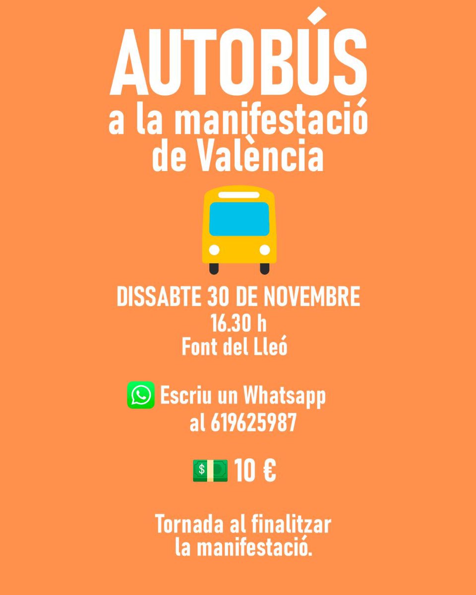 XativaUnida's tweet image. 👉 Hem organitzat un bus per anar a la manifestació d'aquest dissabte.

✅ Eixirem a les 16:30 h🕒 des de la Font del Lleó. Cal confirmar assistència via WhatsApp. 

✅ Necessitem expressar el nostre malestar per com s’han fet les coses. Tots i totes eixim al carrer📣🗣️