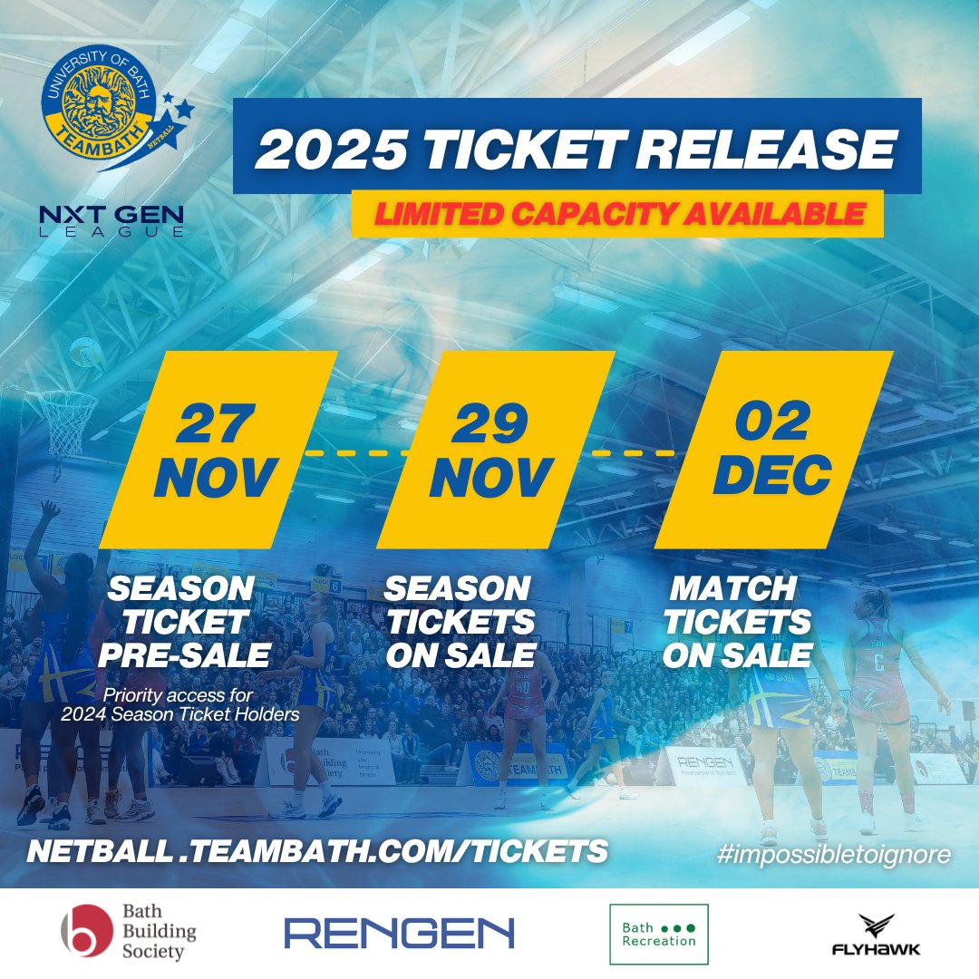 🎫 2025 Ticket Launch 🎫

We are THRILLED to once again be hosting LIVE netball this season and can’t wait to welcome back our #BlueandGold super-fans to the Team Bath Arena.

Read more 👇netball.teambath.com/2024/11/27/nxt…

#impossibletoignore #blueandgold #livenetball #secureyourseat