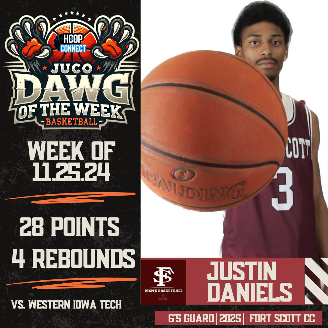 Hoop Connect (@hoop_connect) on Twitter photo JUCO Dawg of the Week:
Justin Daniels <a href="/justindanielsss/">Justin Daniels</a>
of Fort Scott CC showcased his dominance on the court this week. Delivering an impressive performance, Daniels scored 27 points and grabbed 4 rebounds.
His energy, skill, and leadership make him a standout, earning him the JUCO Dawg of the Week:
Justin Daniels <a href="/justindanielsss/">Justin Daniels</a>
of Fort Scott CC showcased his dominance on the court this week. Delivering an impressive performance, Daniels scored 27 points and grabbed 4 rebounds.
His energy, skill, and leadership make him a standout, earning him the