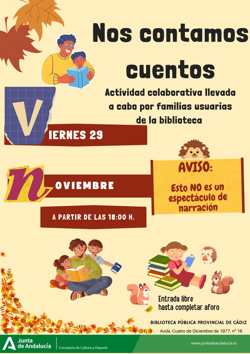 ¡¡¡ NOS CONTAMOS CUENTOS !!!!
Viernes 29 de noviembre
18:00 h.

Ven y participa en la actividad colaborativa llevada a cabo por familias usuarias de la biblioteca.

No es un cuentacuentos. Se trata de compartir con el resto de familias uno de los cuentos que más nos guste.