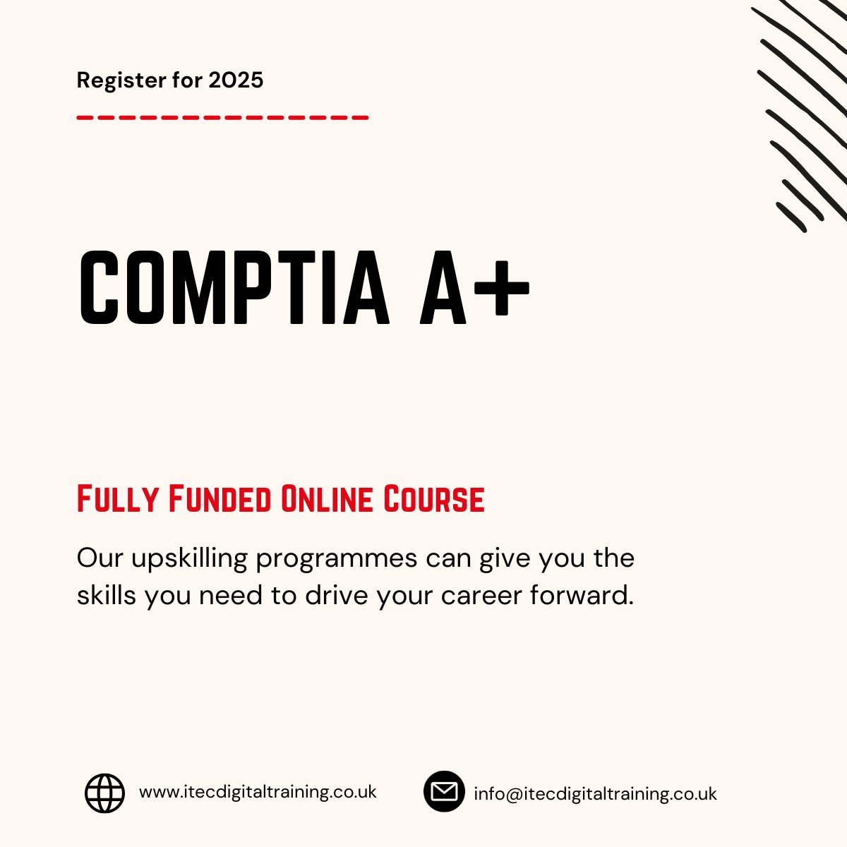 CompTIA bootcamps for 2025👇

A+
Network+
Security+

The new certifications will cover essential skills in hardware, software, networking, and troubleshooting, with an increased focus on security.

Funding available.

Register now:
bit.ly/3Z0AMVC

#comptia