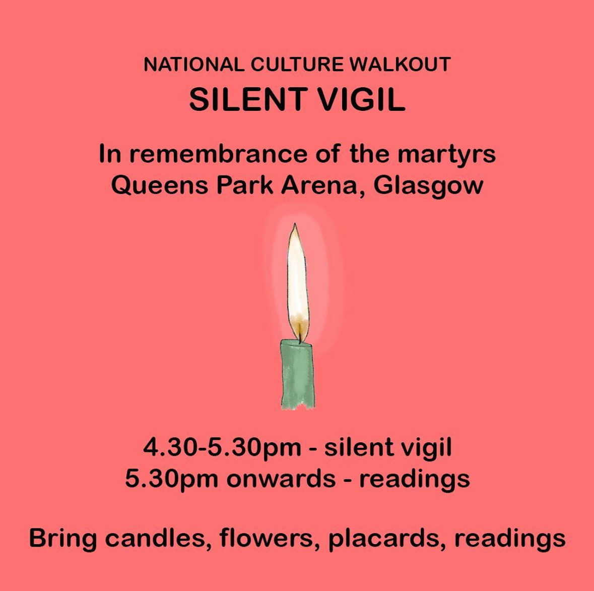 🇵🇸 National Culture Walkout: Workplace Day of Action
TOMORROW, Thursday 28th November

12-4pm: Drop In Palestinian Print Shop and Placard Making
4.30pm:  Silent vigil followed by readings organised by Art Workers for Palestine Scotland, Queens Park Arena