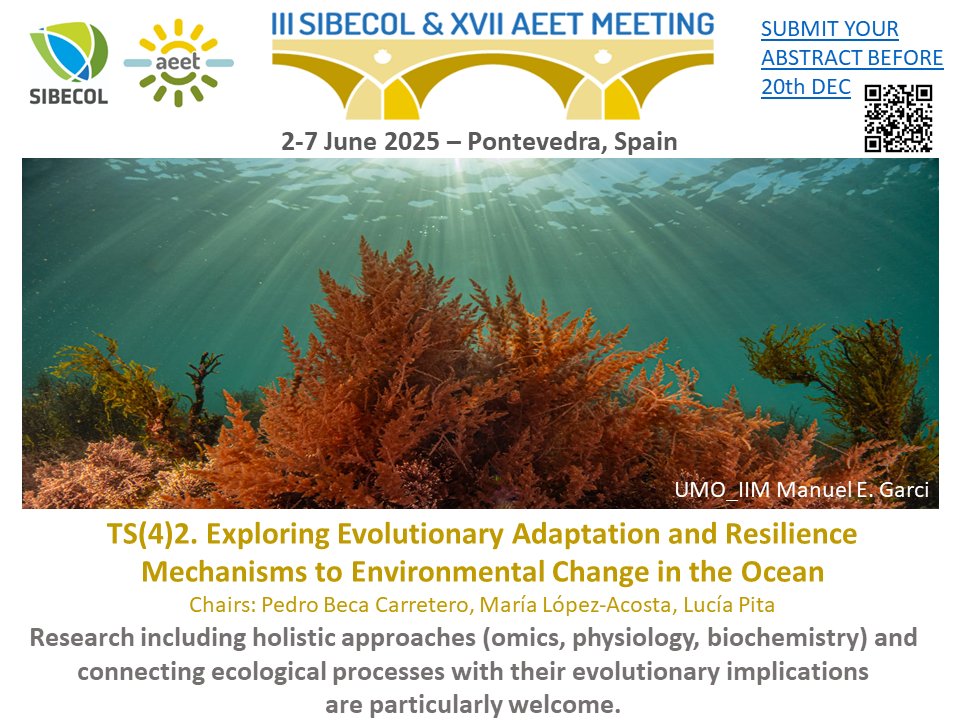1/3 🚨 <a href="/sibecol/">SIBECOL</a> and <a href="/_AEET_/">Asociación Española de Ecología Terrestre (AEET)</a> meeting 1-7 June 2025
Check session TS(4)2 on mechanisms of resilience and adaptation in marine organisms.
Chaired by Pedro Beca <a href="/M_LopezAcosta/">María López-Acosta</a> and myself

Abstract submission is OPEN