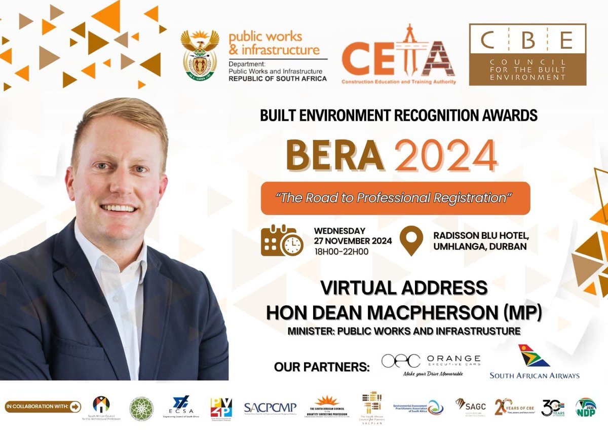 DepartmentPWI's tweet photo. TONIGHT: The Minister of Public Works and Infrastructure, @DeanMacpherson , will deliver a virtual address at the 2024 Built Environment Recognition Awards (BERA).
The prestigious awards ceremony will be hosted in Durban, KZN, to recognize the outstanding achievements of professionals and organizations in the built environment.
#BERA2024
#roadtoprofessionalregistration
#letsbuidSA
@cbe_pta