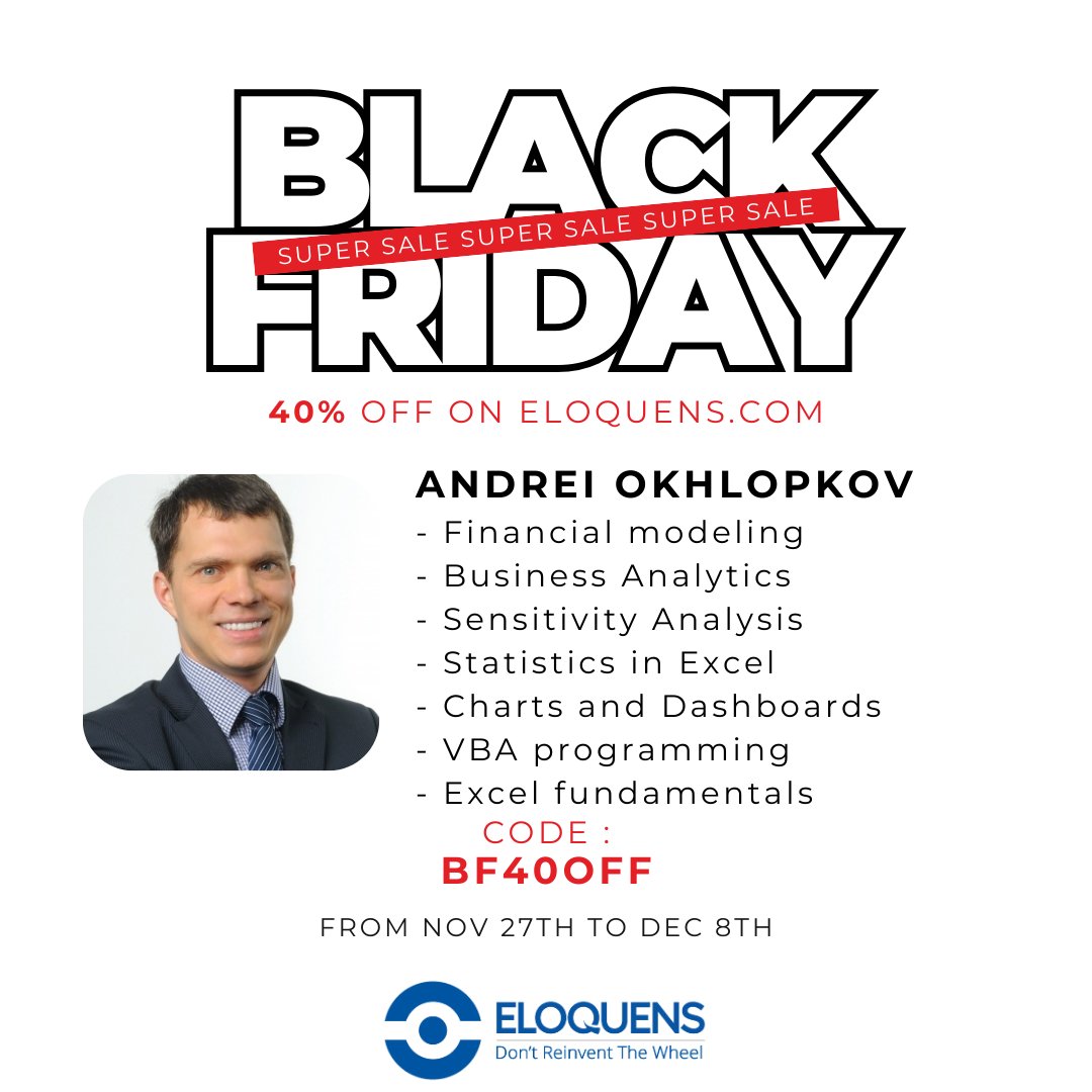 eloquenscom's tweet image. 🚀 Black Friday Deal! 🚀
💼 Andrei Okhlopkov is offering 40% OFF on all financial models—perfect for business analytics, Excel dashboards, and more!
👉 Use BF40OFF here: eloquens.com/channel/andrei…
#BlackFridayDeals #FinancialModeling #ExcelExperts