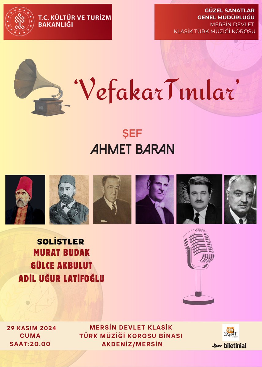Türk Müzigine unutulmaz eserler
kazandırmış olan ölümsüz
bestekarlarımızı anacağımız 
“Vefakar Tınılar” konser serimizin ikincisini 
29 Kasım Cuma akşamı gerçekleştireceğiz.
Koromuzun değerli solistlerinin yer alacağı bu özel konserimize tüm sanatseverleri
bekliyoruz...