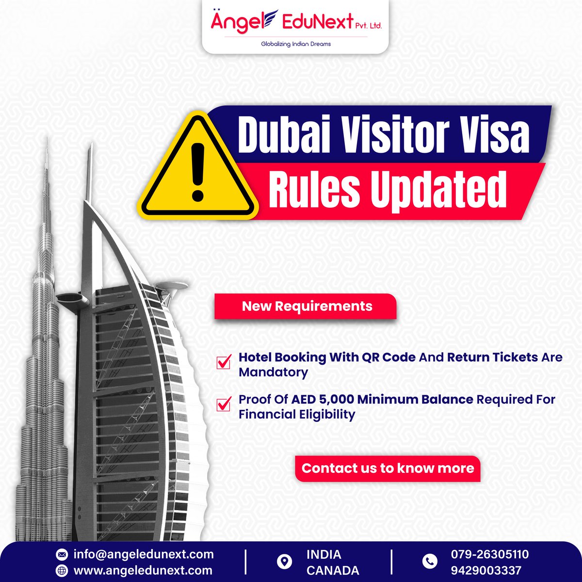 AngelEdunext's tweet photo. Dubai Visitor Visa Rules Updated! 😟🇦🇪

📜 New Rules:
* Hotel booking with a QR code and return tickets are mandatory. ✈️
* Proof of a minimum AED 5,000 is required to meet financial eligibility.💰

💻 Visit: https://t.co/dwVdY3kFOF
📞 Call: 07926305110 

#AngelEduNext #DubaiVisa https://t.co/PNGzEngVKq