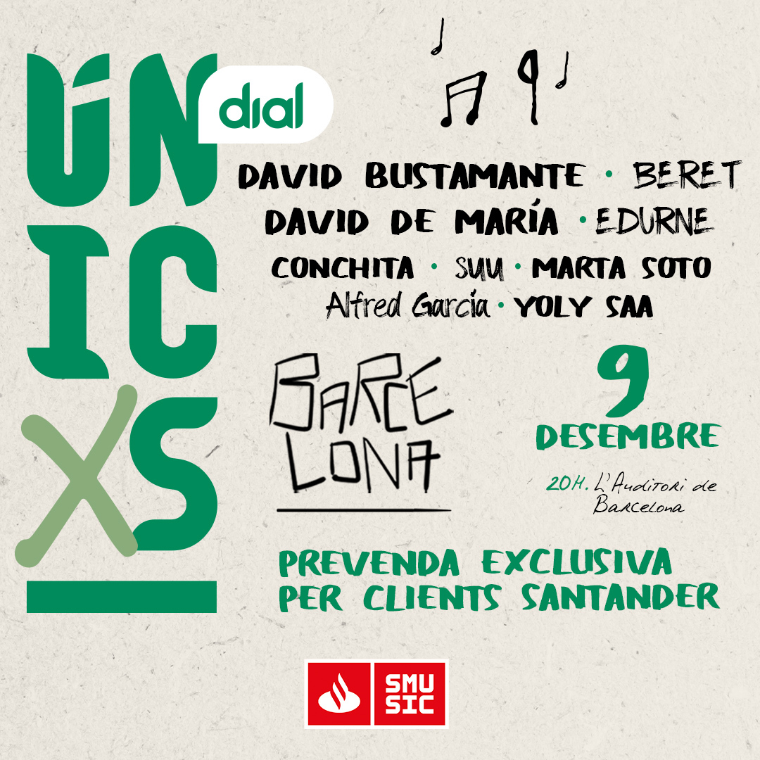 Cadena_Dial's tweet photo. DIALUNICXS 🌷 BCN
9 DICIEMBRE en el Auditorio de Barcelona con: Bustamante, Edurne, David de María, Beret, Marta Soto, Yoli Saa, Conchita, Alfred García y la Suu.

🔗https://t.co/dkXq8ZBxGv https://t.co/4bos2BdmUD